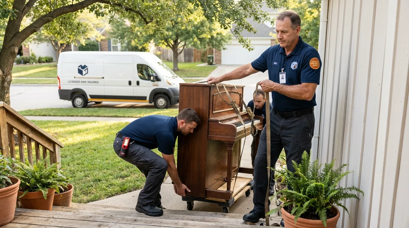 Licensed piano movers securing grand piano in Stoughton, MA