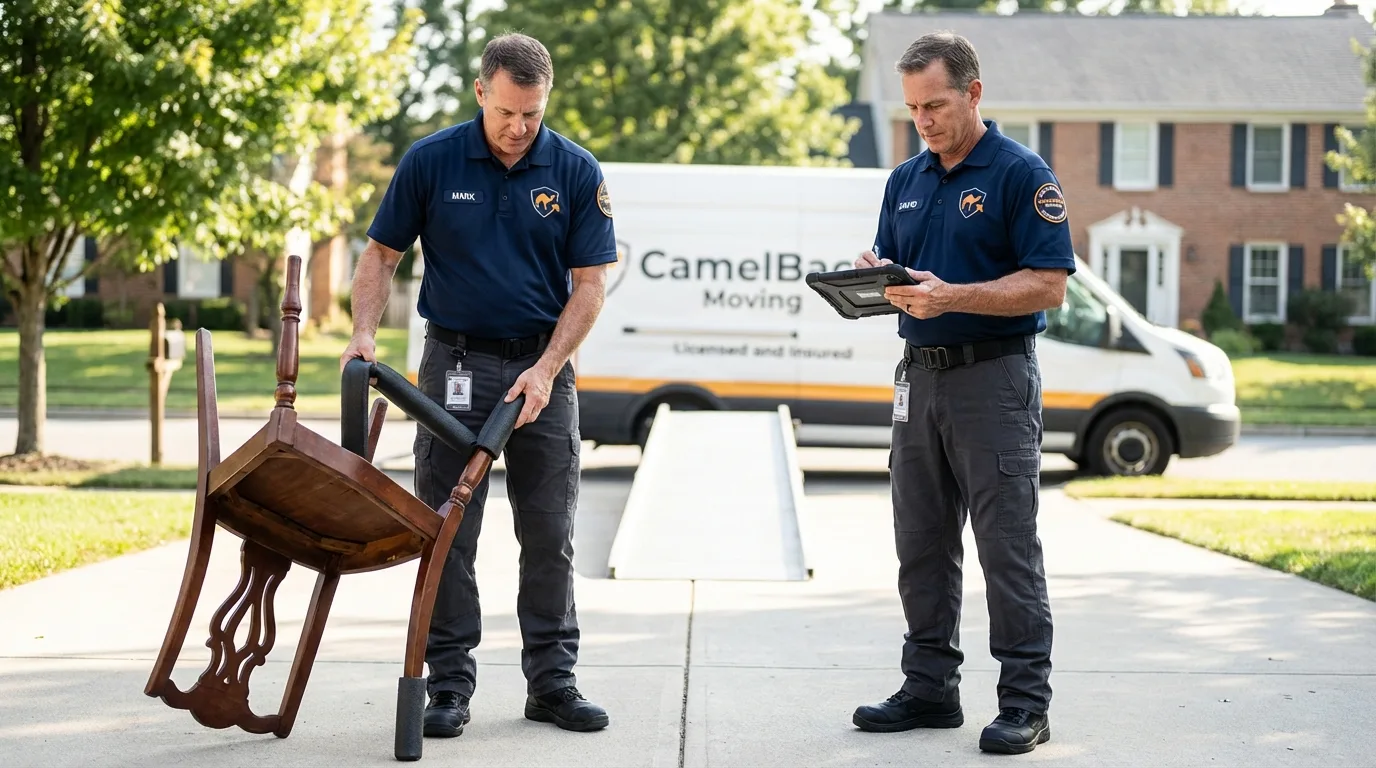 Movers inspecting furniture for damage prevention before loading in Stoughton, MA