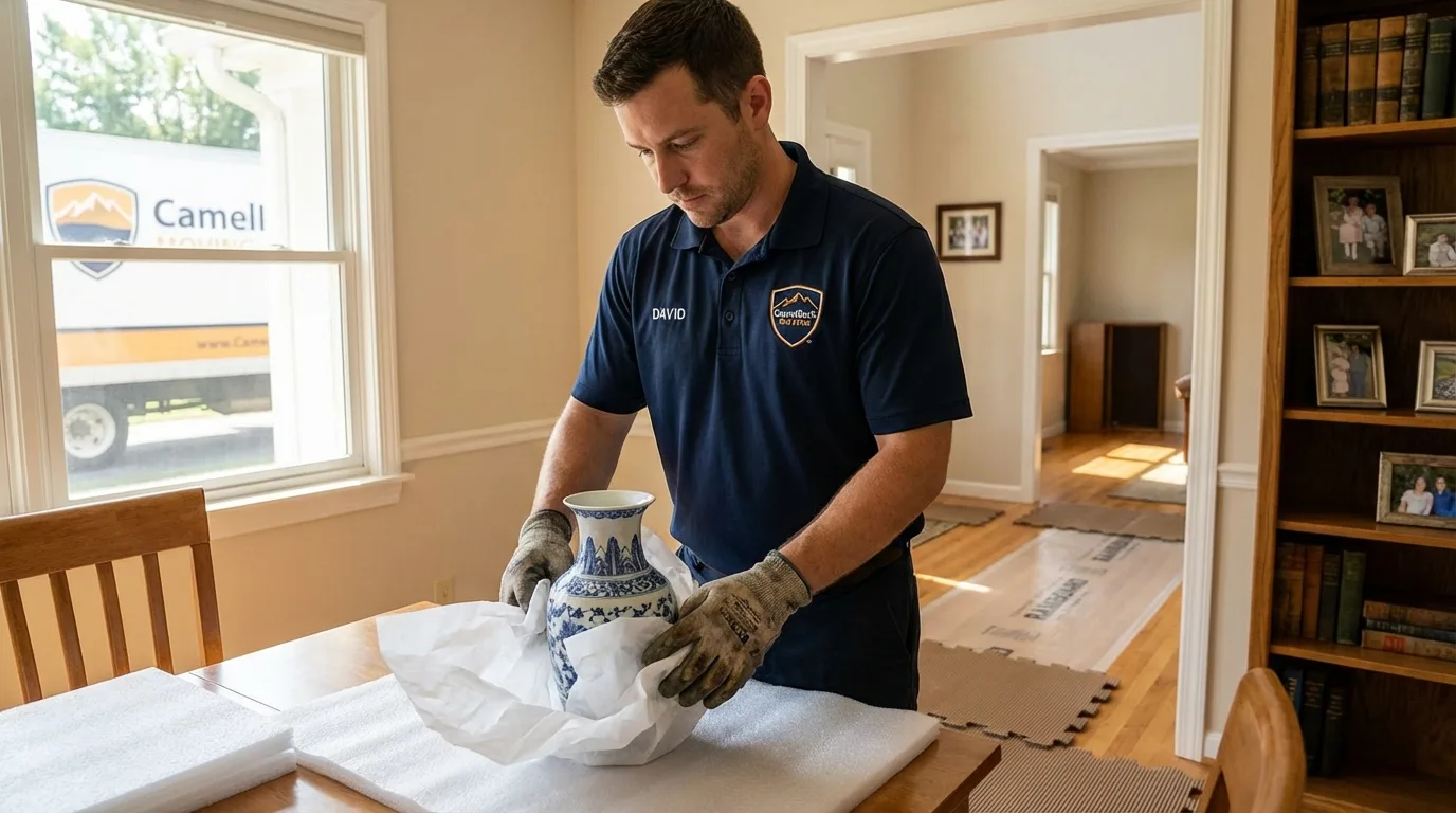Professional crew carefully wrapping antique vase for senior downsizing move in Stoughton, MA