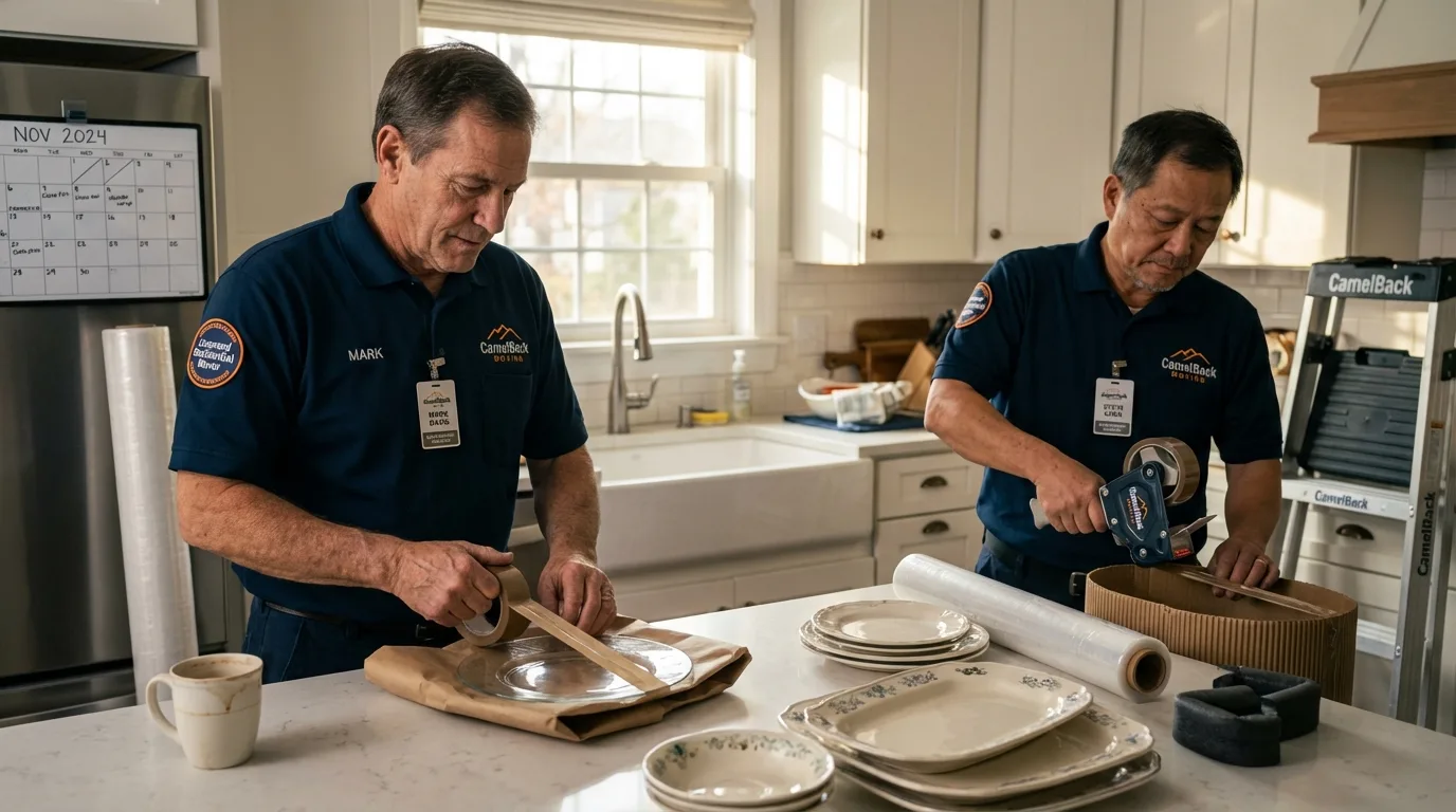 Professional crew packing kitchen dishware in Stoughton, MA